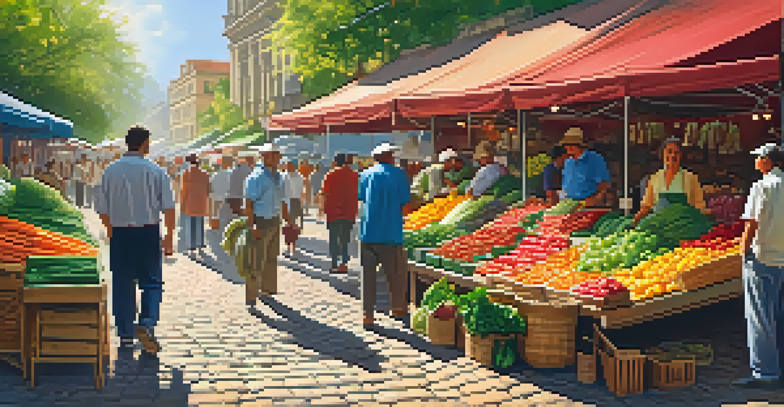 A lively street market with colorful stalls of fresh produce and people interacting under sunny canopies.