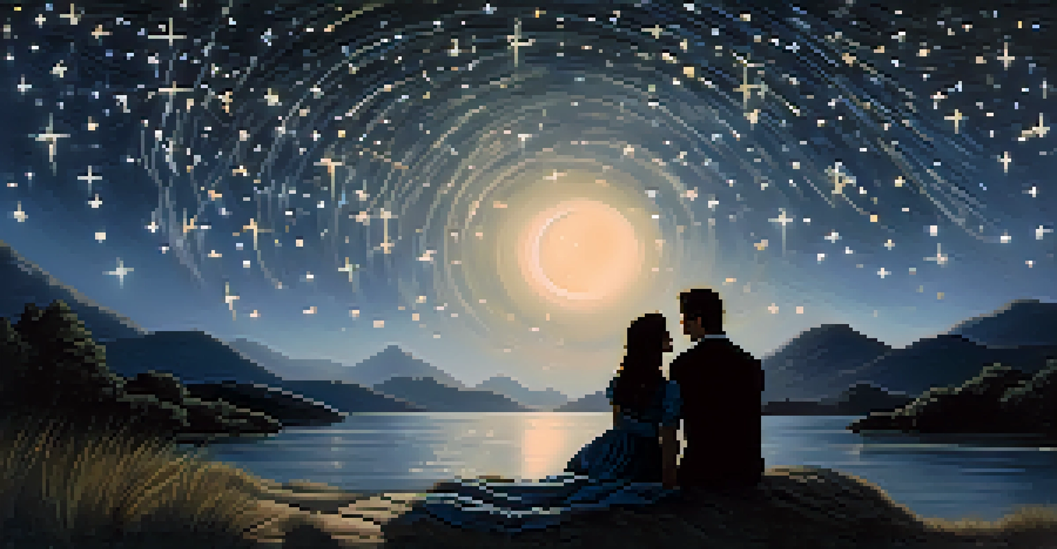 A couple sharing a tender moment under a starry night, with musical notes visually flowing around them.