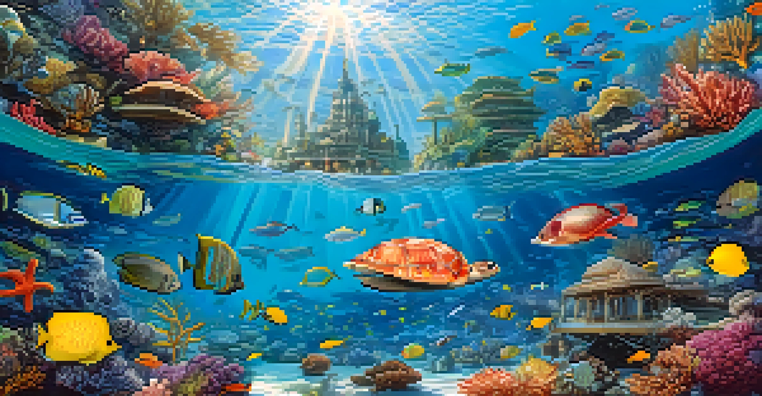 An underwater kingdom with a coral palace and colorful marine life.