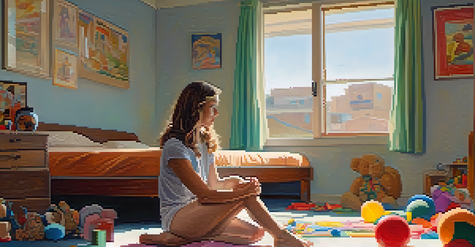 A young mother in a modest motel room, watching her child play surrounded by toys and colorful drawings, filled with soft light.