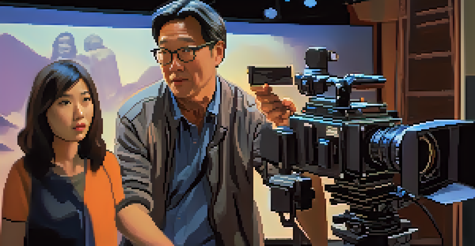 A filmmaker directing a scene on set, with a focused expression, surrounded by film equipment and an actress in the background.