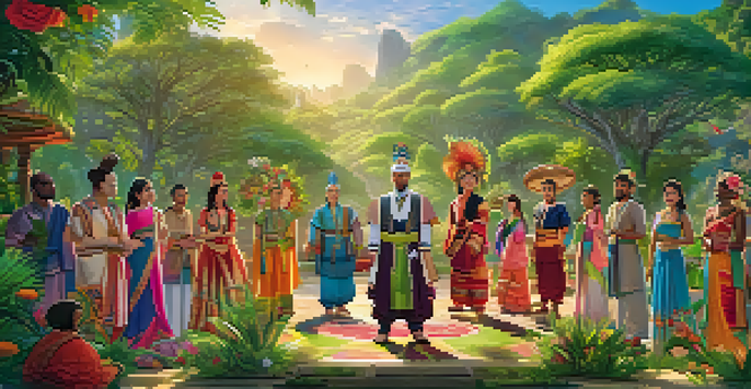 A group of animated characters from different cultures, standing together outdoors in traditional clothing, surrounded by vibrant nature.