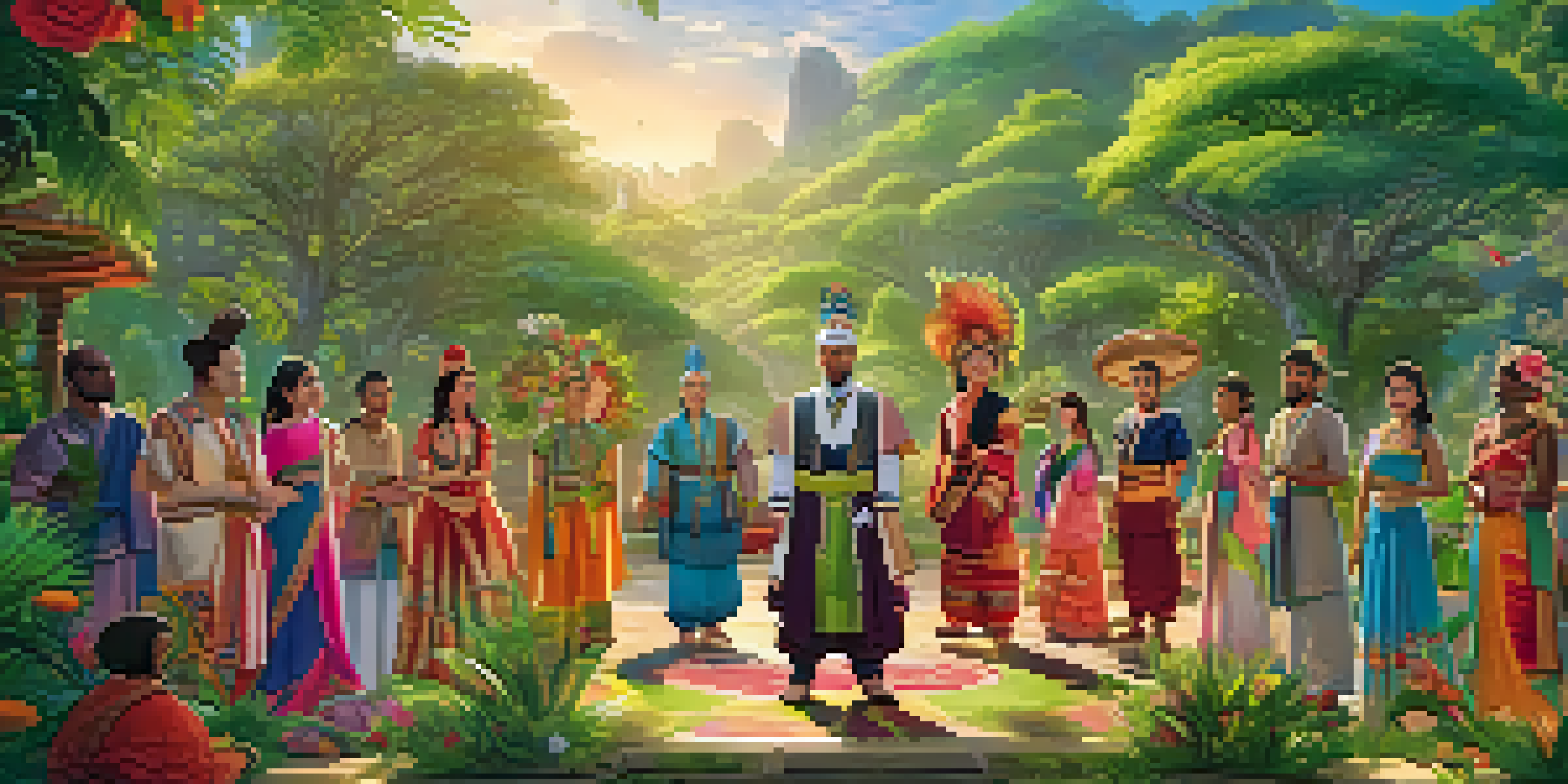 A group of animated characters from different cultures, standing together outdoors in traditional clothing, surrounded by vibrant nature.
