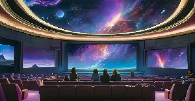 A futuristic theater with viewers watching a colorful space landscape on large screens, illuminated by dim blue and purple lighting.