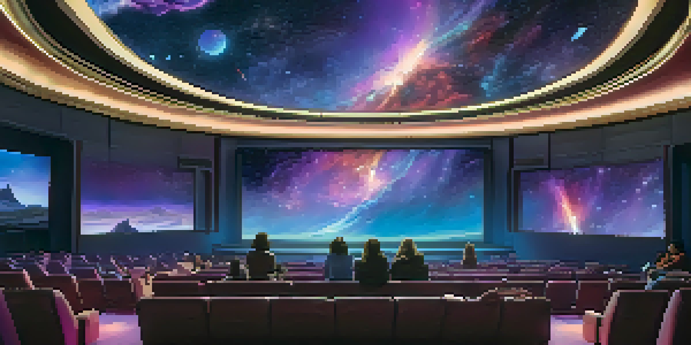 A futuristic theater with viewers watching a colorful space landscape on large screens, illuminated by dim blue and purple lighting.