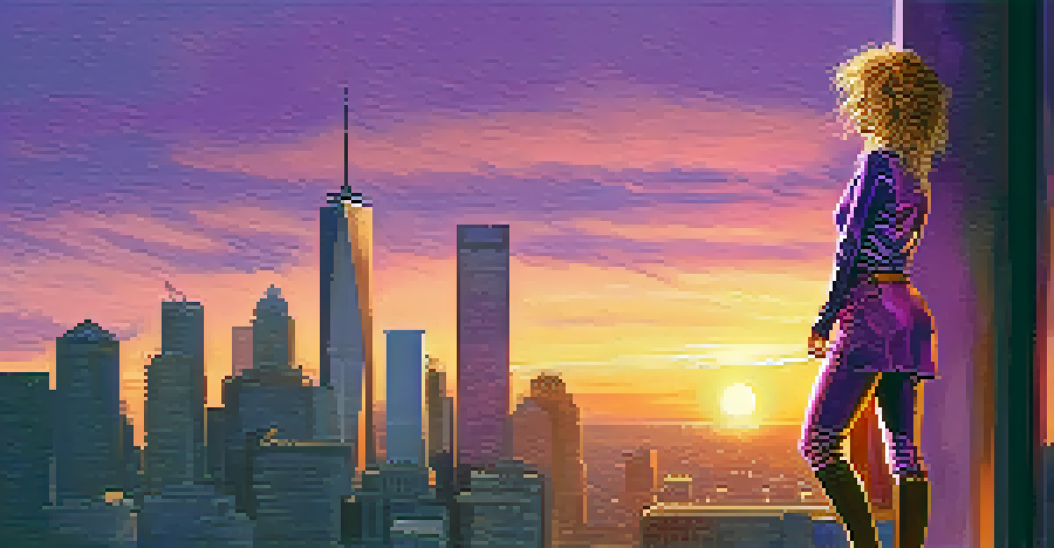 A female antihero standing on a skyscraper at sunset, looking over the city skyline.