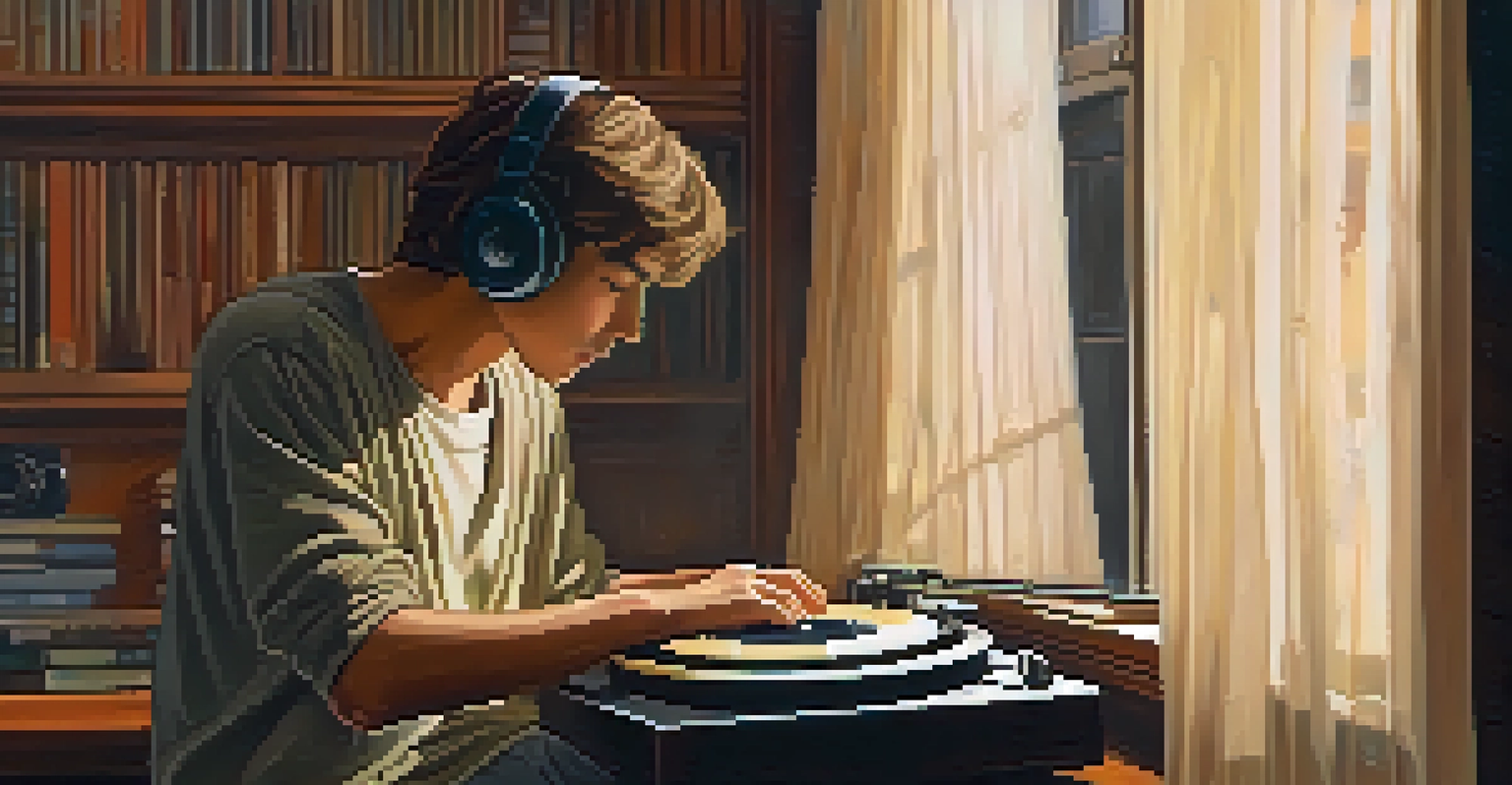 A young man sitting alone in a dimly lit room, gazing out of a window with a record player in the corner, creating a reflective mood.