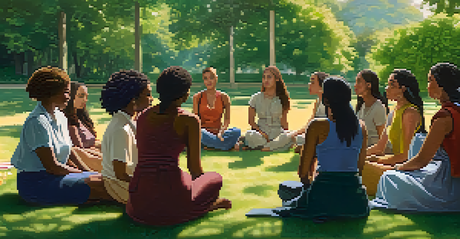 A group of diverse women seated in a circle in a sunlit park, engaged in a passionate discussion, surrounded by greenery.
