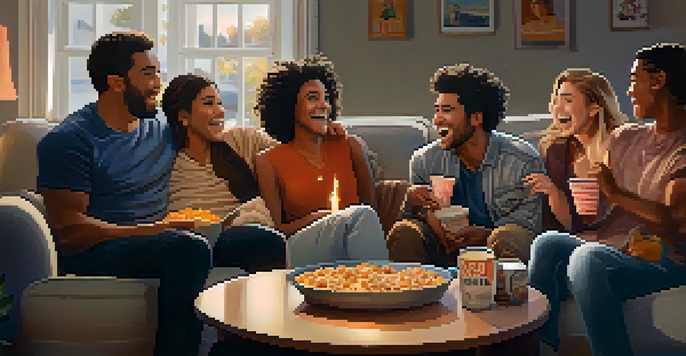 Friends enjoying a movie night in a cozy living room, with snacks and a warmly lit atmosphere.