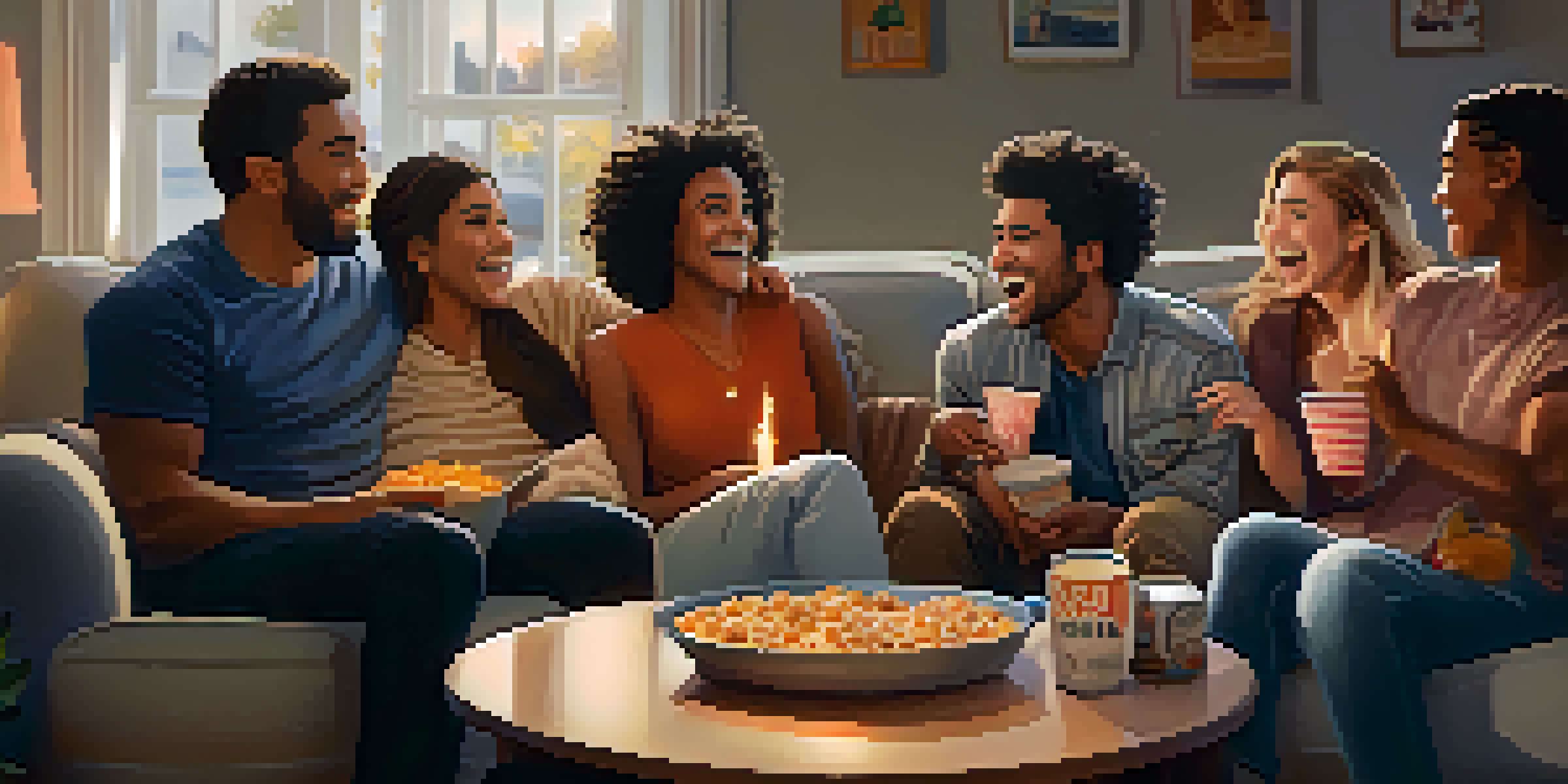 Friends enjoying a movie night in a cozy living room, with snacks and a warmly lit atmosphere.