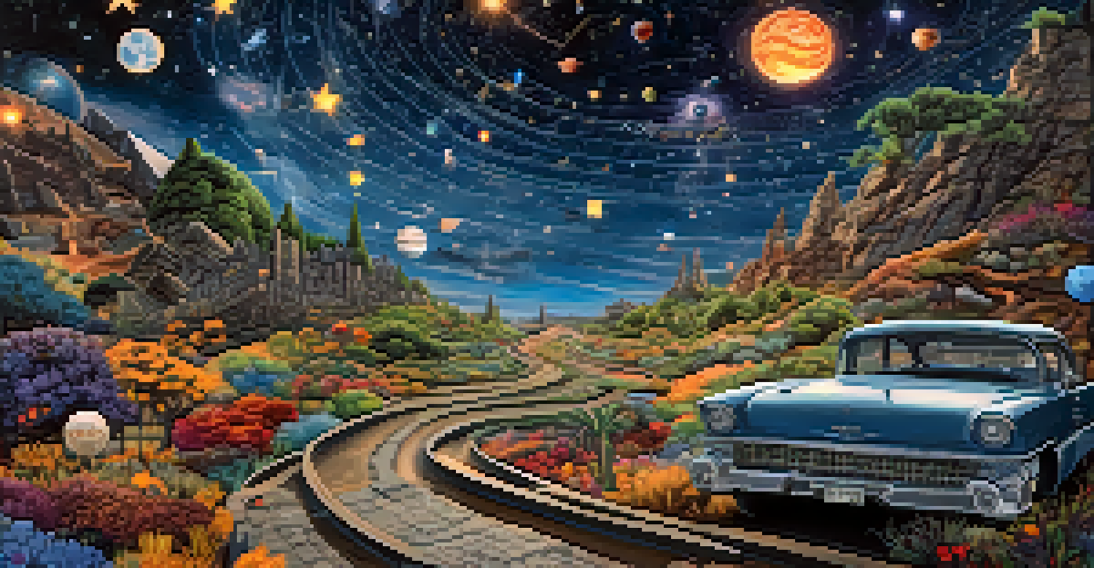 An illustrated roadmap of a cinematic universe, showcasing various film genres with vibrant colors and a starry night sky.