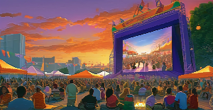 A colorful outdoor film festival at sunset with diverse people watching movies on large screens and food stalls in the background.