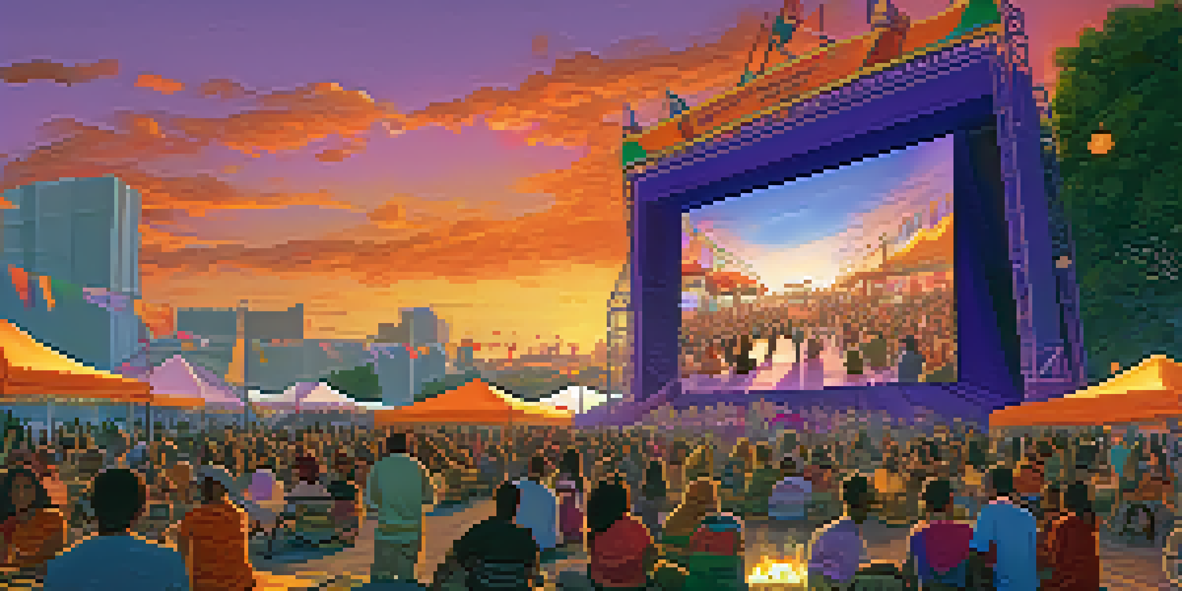 A colorful outdoor film festival at sunset with diverse people watching movies on large screens and food stalls in the background.