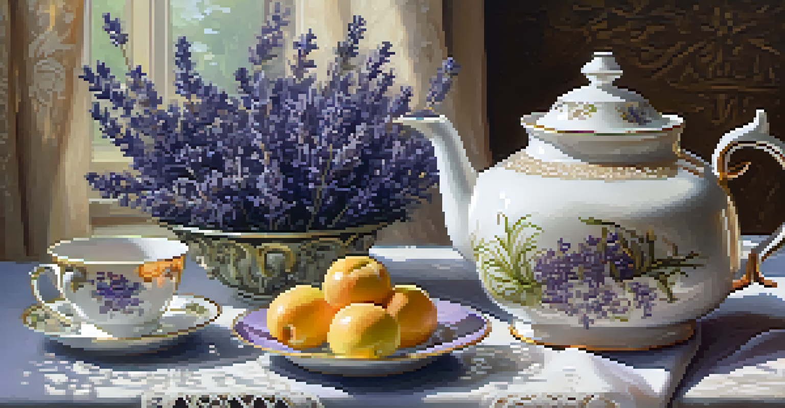 A vintage teapot with floral designs, surrounded by lavender on a lace tablecloth.
