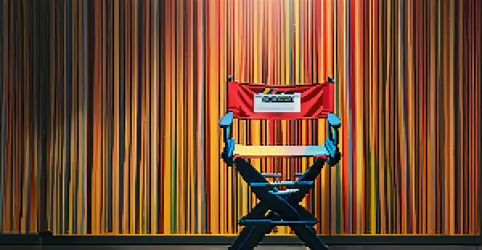 A director's chair with a film slate in front of a vibrant movie poster, illuminated dramatically.