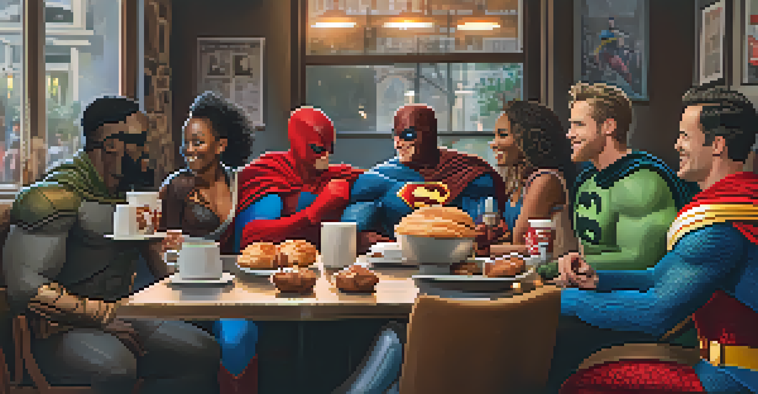 Diverse superheroes in a café sharing laughs and stories over coffee and pastries.