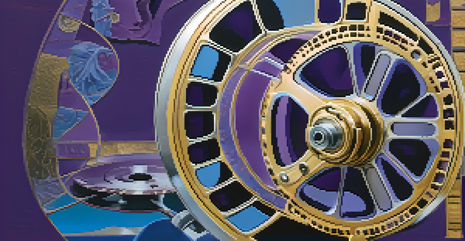 A film reel with cultural symbols and scenes from around the world emerging from it, set against a deep blue to purple gradient background.