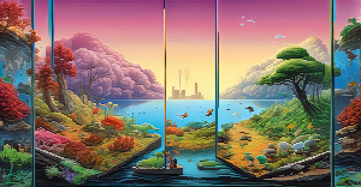 A split-screen illustration contrasting pollution and a thriving ecosystem, with animated characters promoting environmental conservation.
