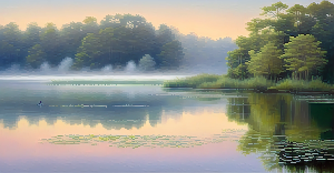 A peaceful lake at dawn with pastel sunrise colors and mist rising from the water, surrounded by greenery and wildflowers.
