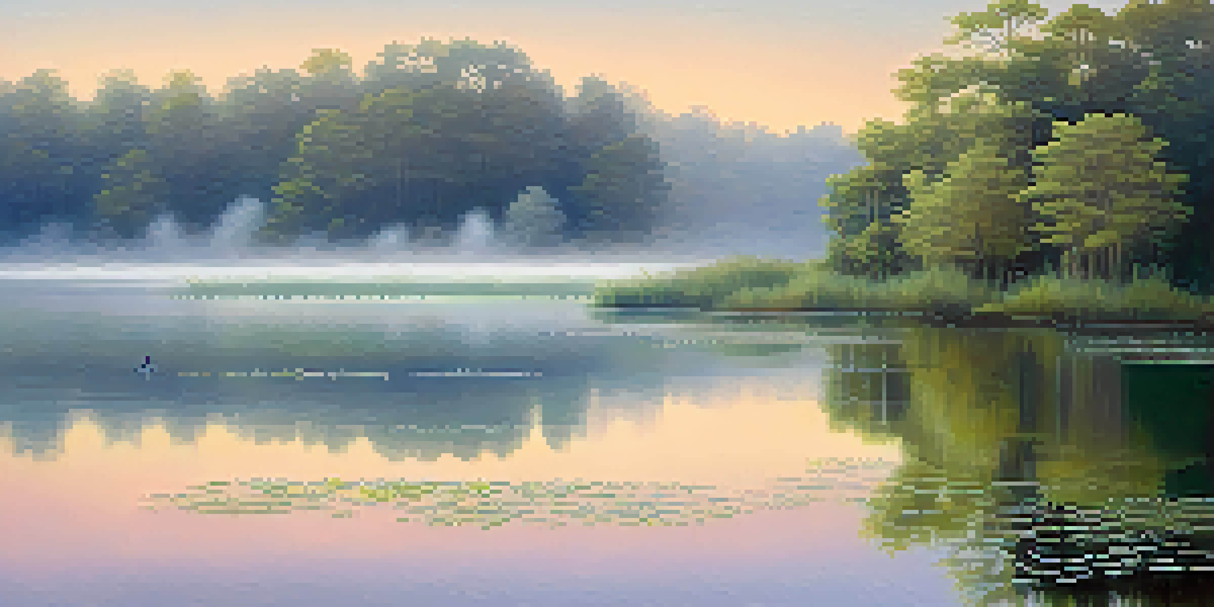A peaceful lake at dawn with pastel sunrise colors and mist rising from the water, surrounded by greenery and wildflowers.