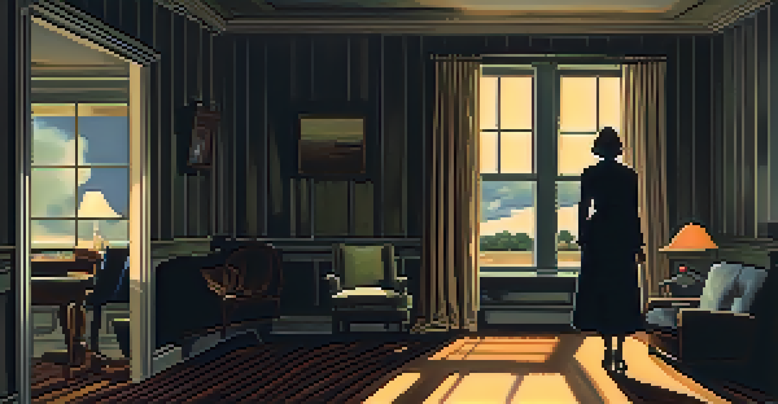 A woman in a dimly lit vintage room, casting shadows, with a stormy night visible through the window, creating a tense atmosphere.