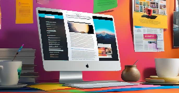 A cozy workspace with a laptop showing an email newsletter about a film, surrounded by movie posters and a coffee cup, illuminated by soft light.