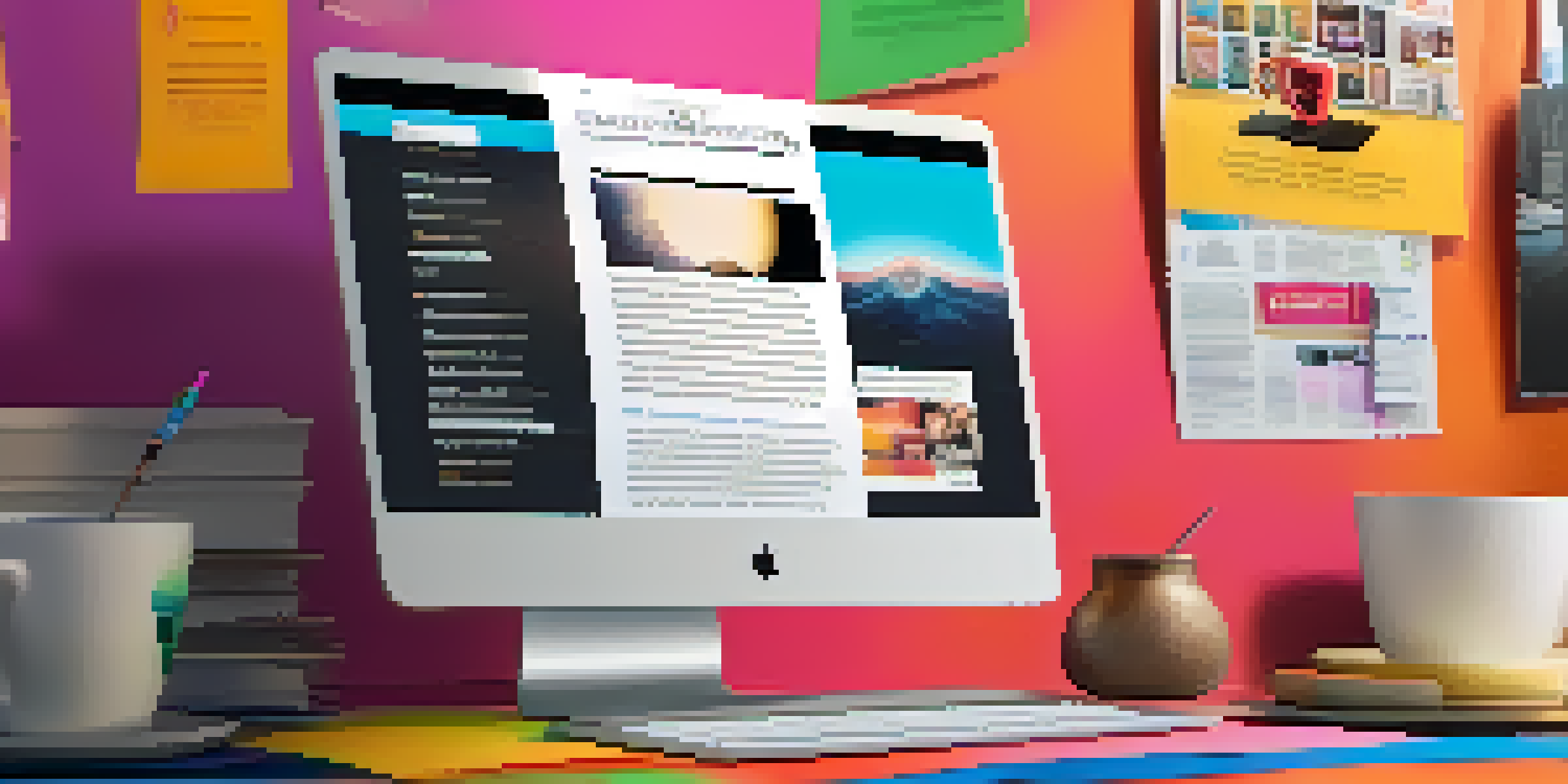 A cozy workspace with a laptop showing an email newsletter about a film, surrounded by movie posters and a coffee cup, illuminated by soft light.