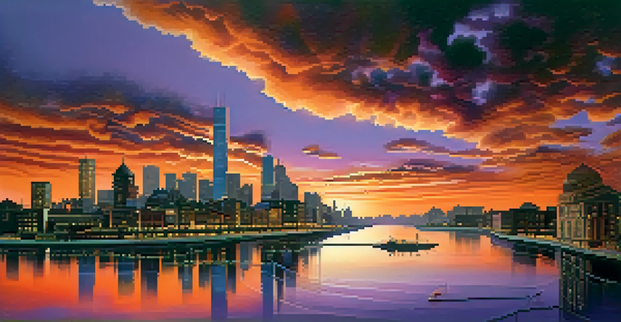 A surreal landscape with a distorted city skyline at sunset, featuring vibrant colors and abstract figures.