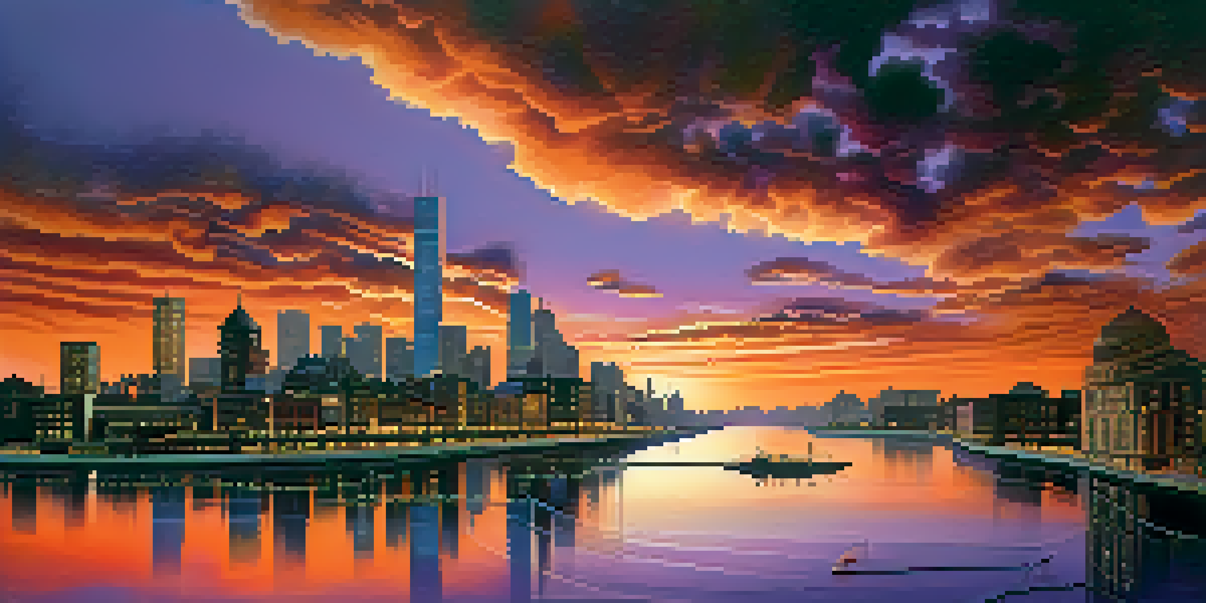 A surreal landscape with a distorted city skyline at sunset, featuring vibrant colors and abstract figures.
