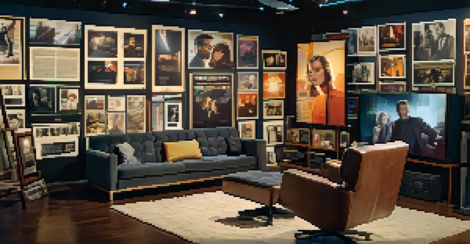 A film director in a studio, surrounded by storyboards and character designs, with a large screen displaying cinematic scenes.