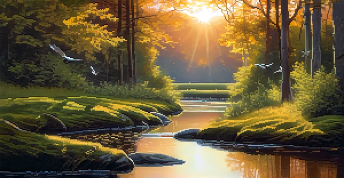A peaceful forest scene at sunset with sunlight filtering through leaves, a stream reflecting warm colors, and birds perched on branches.