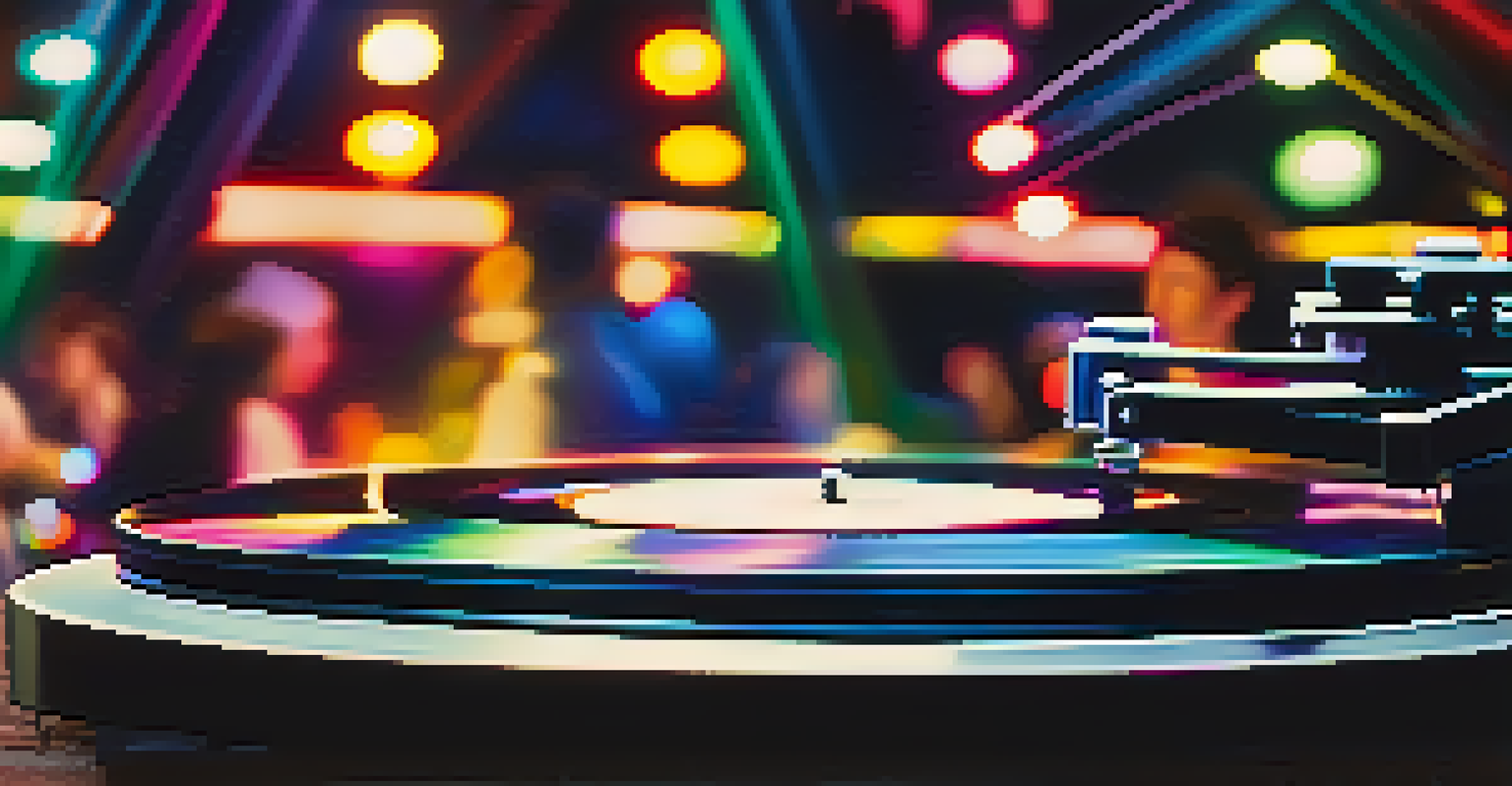 A close-up of a spinning vinyl record on a turntable, with a blurred party atmosphere in the background.