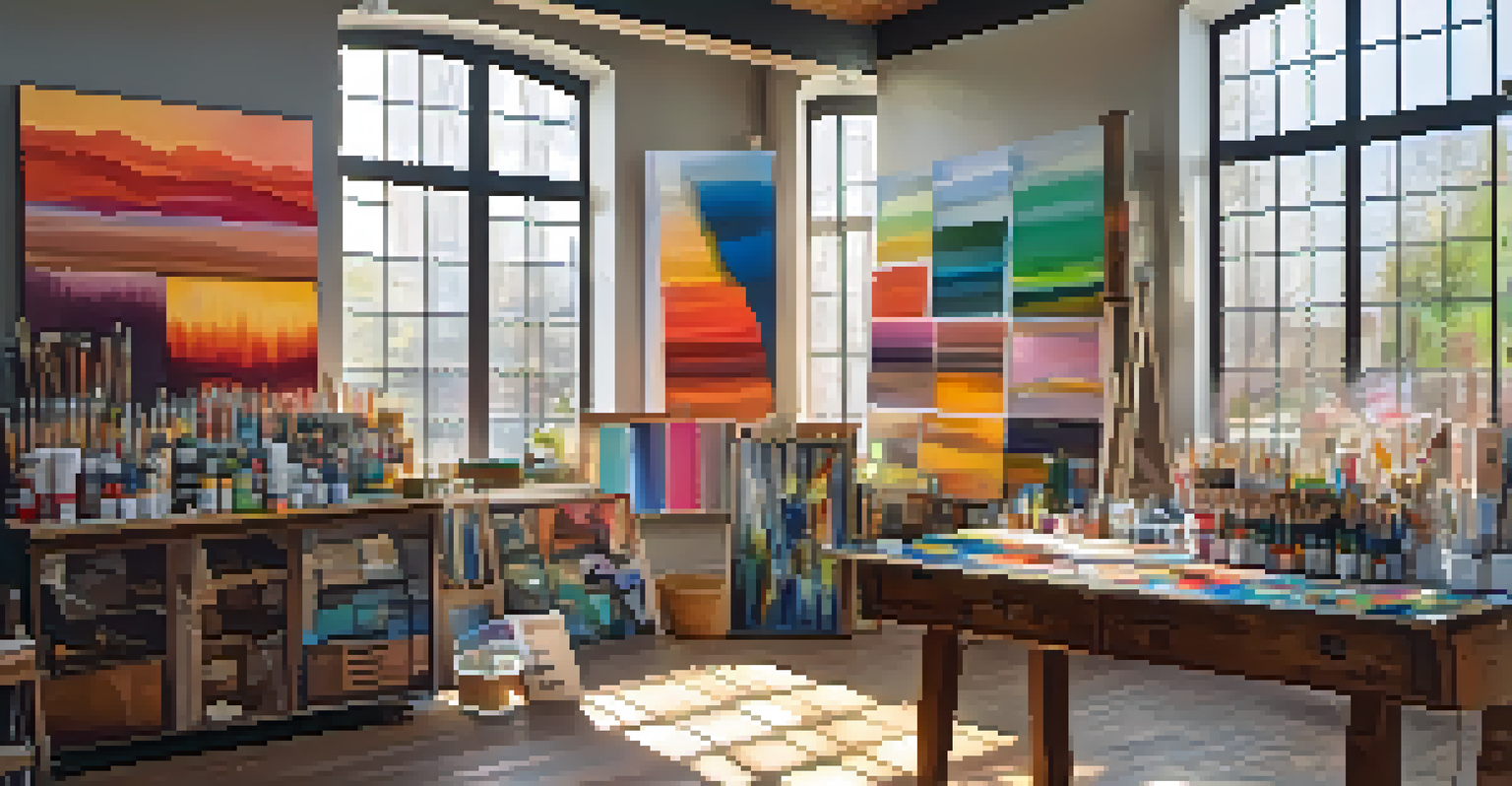 An artist's studio filled with colorful paint supplies and abstract paintings, illuminated by sunlight.