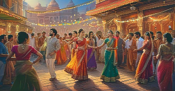 A lively Bollywood dance scene on a film set with actors in traditional attire, colorful decorations, and a bustling marketplace in the background.