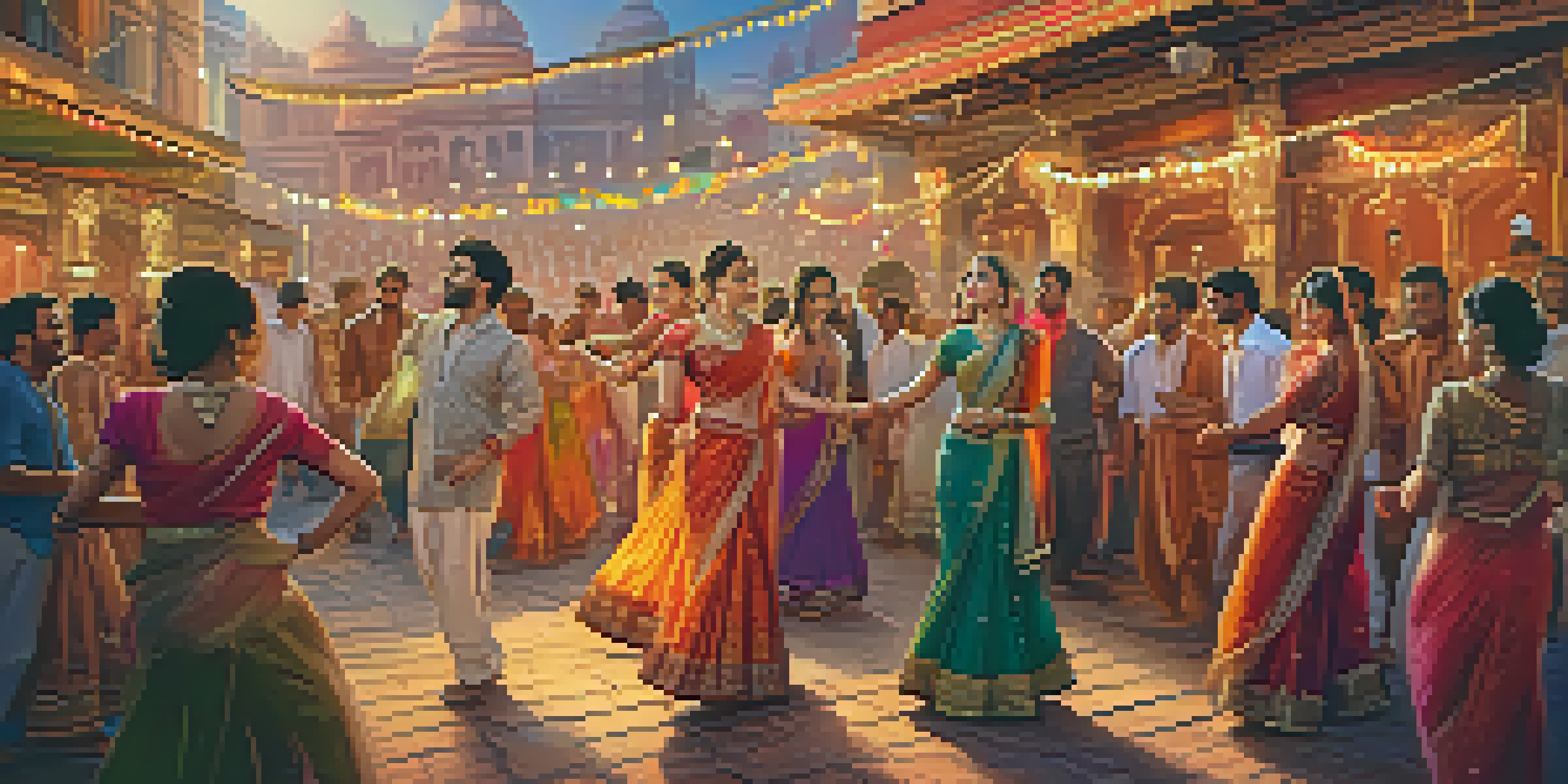 A lively Bollywood dance scene on a film set with actors in traditional attire, colorful decorations, and a bustling marketplace in the background.
