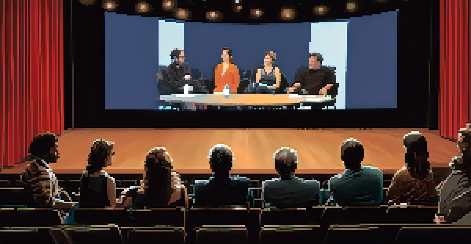 A panel discussion at the Palm Springs International Film Festival with filmmakers on stage, an engaged audience, and a large screen displaying film clips.