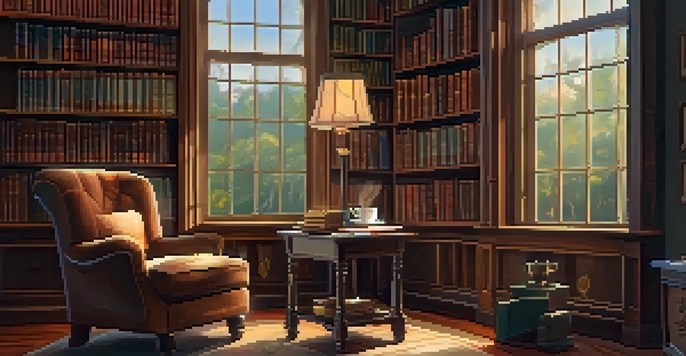 A vintage library with warm lighting, bookshelves filled with books, a plush armchair, and a steaming cup of coffee on a table.