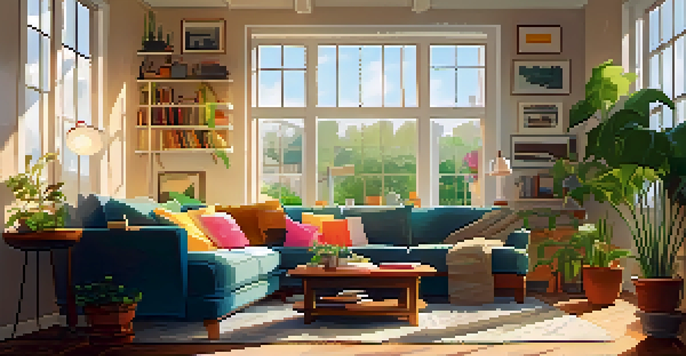 A warm and inviting living room with sunlight, a comfortable sofa, a coffee table with a mug, and a bookshelf.