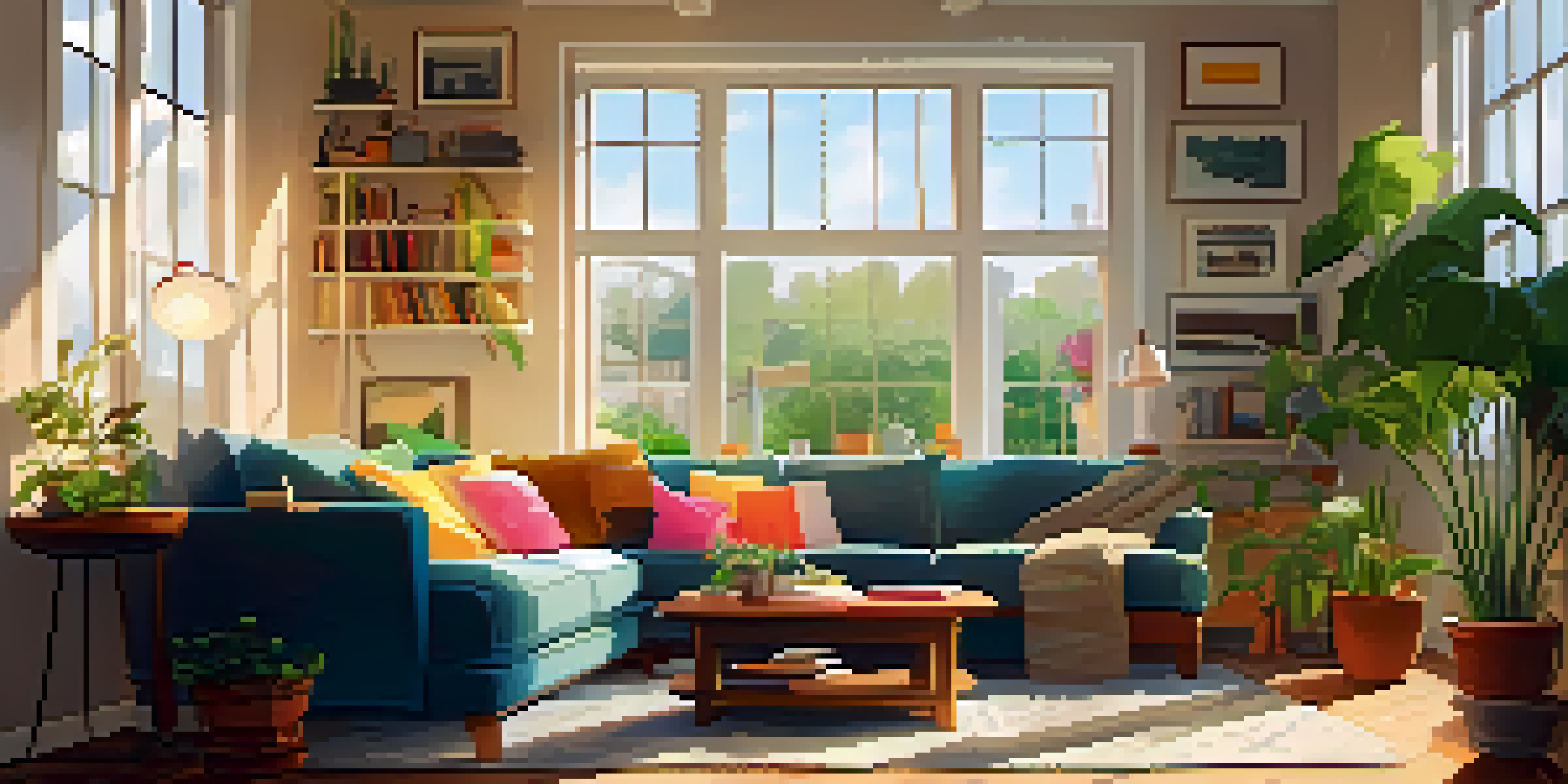 A warm and inviting living room with sunlight, a comfortable sofa, a coffee table with a mug, and a bookshelf.