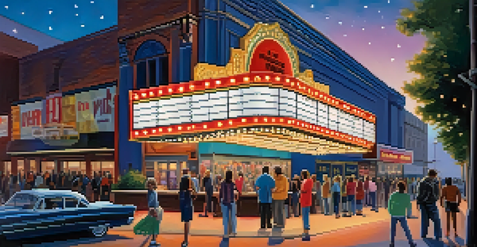 A lively movie theater marquee at twilight with glowing lights, surrounded by excited people discussing a film.