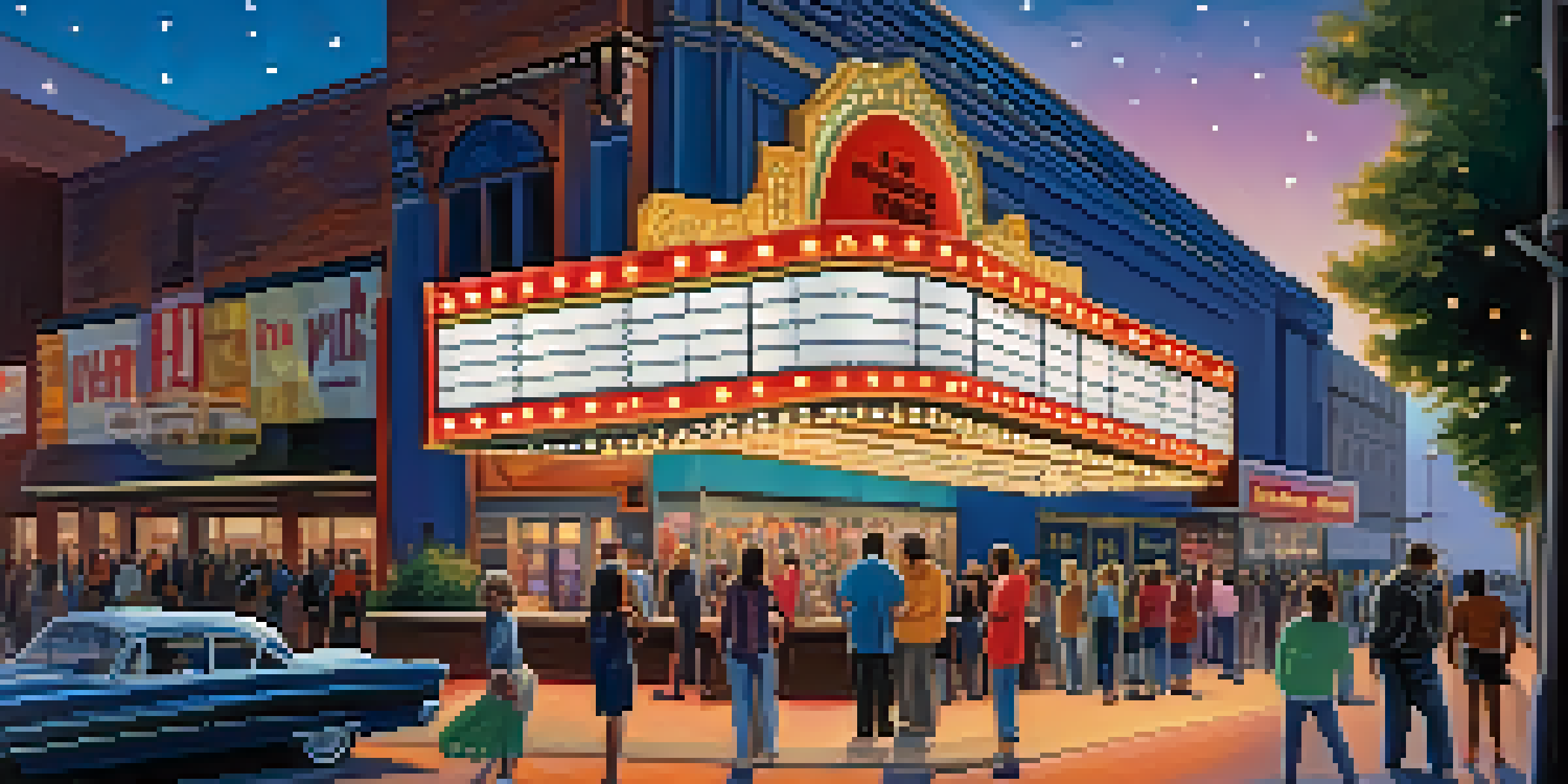 A lively movie theater marquee at twilight with glowing lights, surrounded by excited people discussing a film.