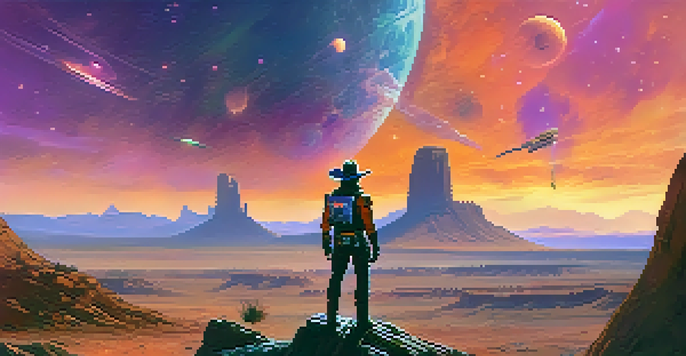 A space cowboy on an alien landscape with colorful nebulae in the sky and strange rock formations.
