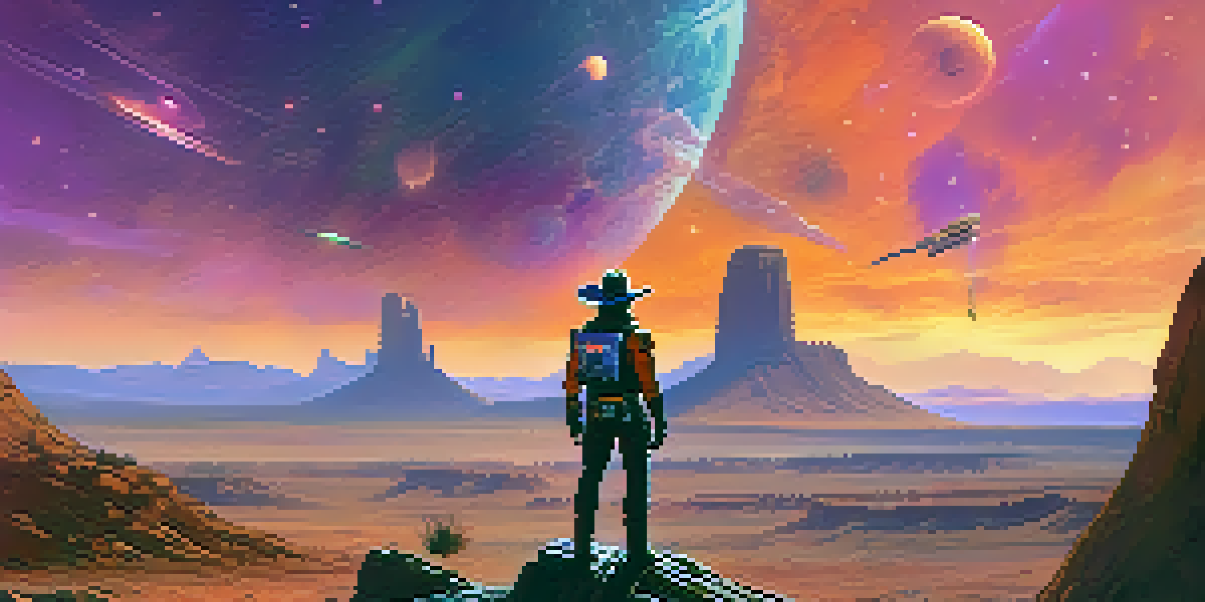 A space cowboy on an alien landscape with colorful nebulae in the sky and strange rock formations.