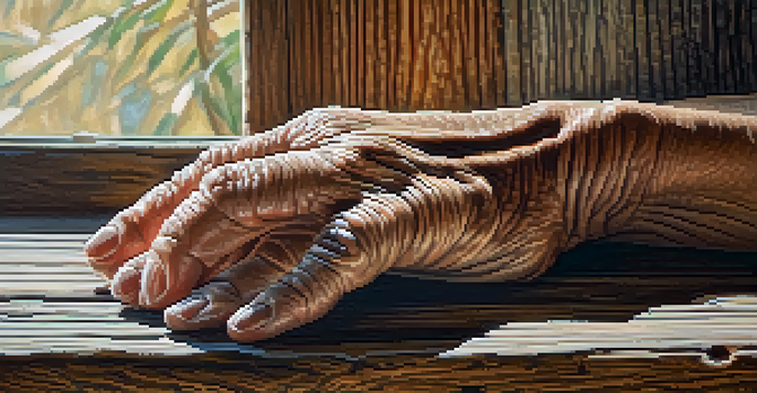 A close-up of a weathered hand on a rustic wooden table, with soft lighting highlighting the textures.