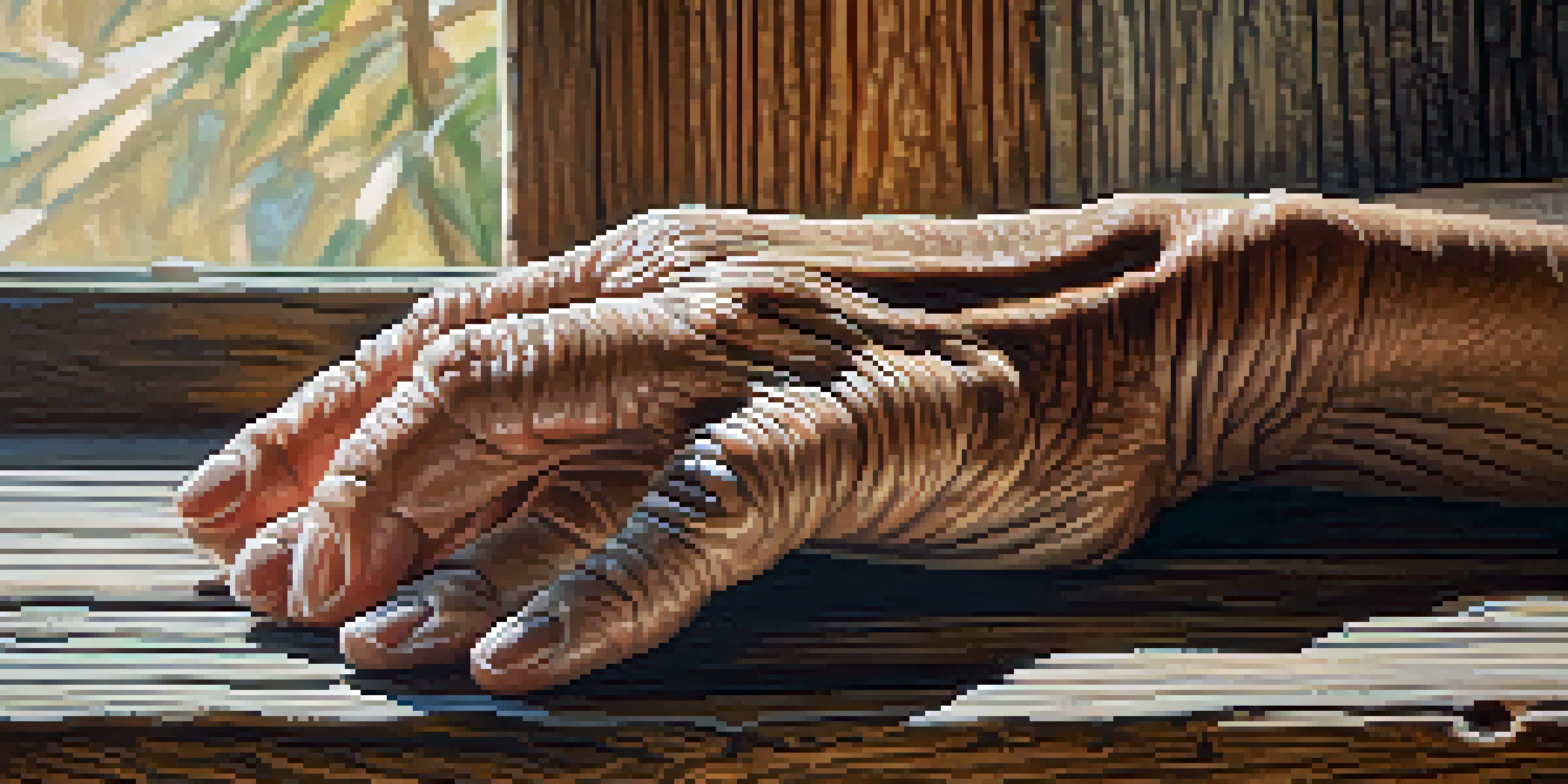 A close-up of a weathered hand on a rustic wooden table, with soft lighting highlighting the textures.