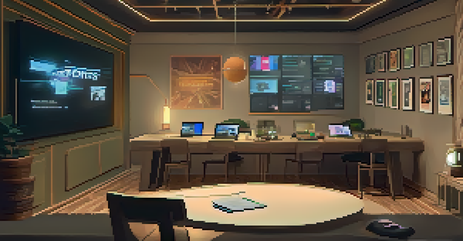 A film studio where independent filmmakers are brainstorming around a table with digital tablets.