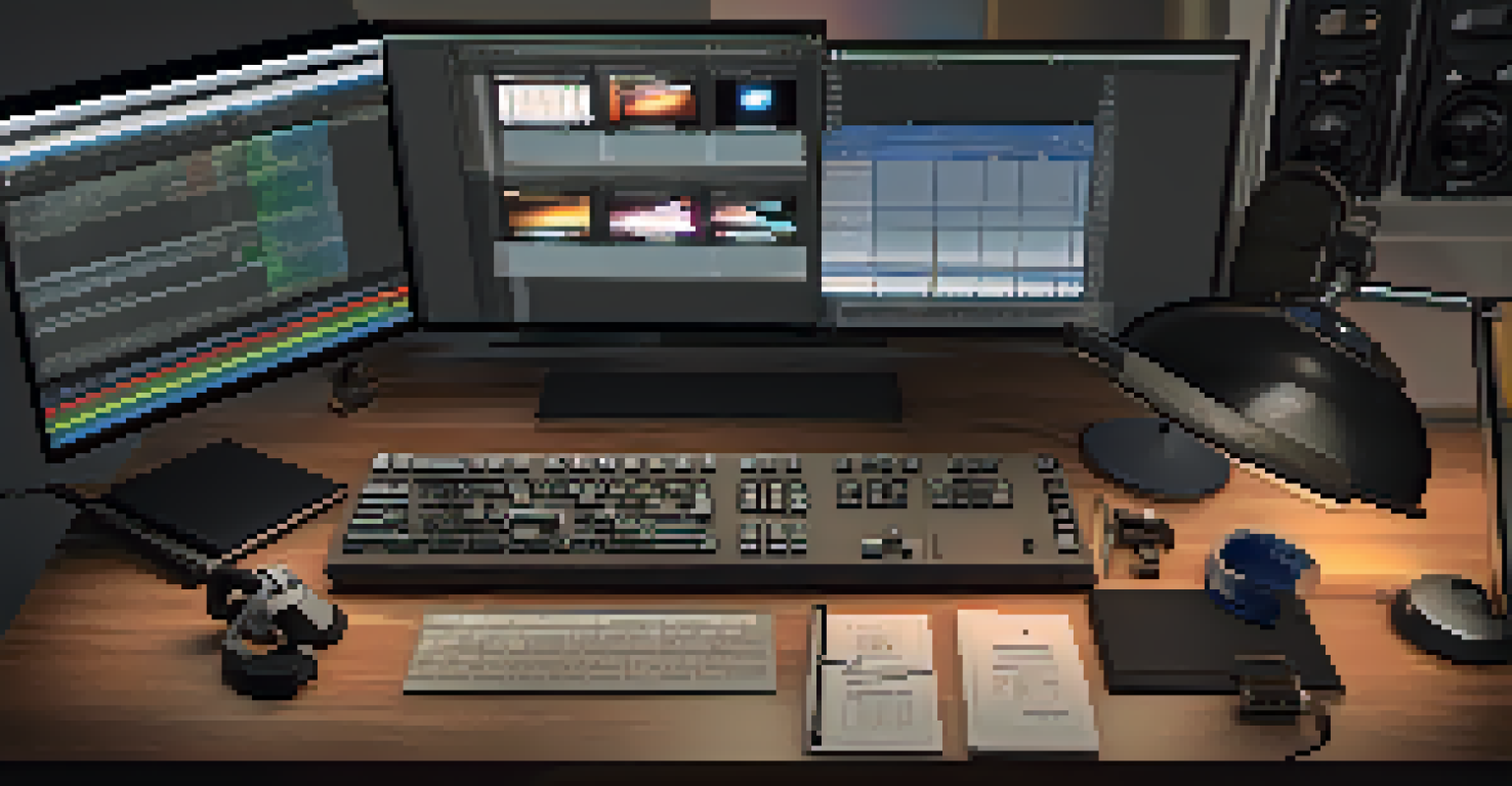 An editing suite with a computer screen showing video editing software and various editing tools.