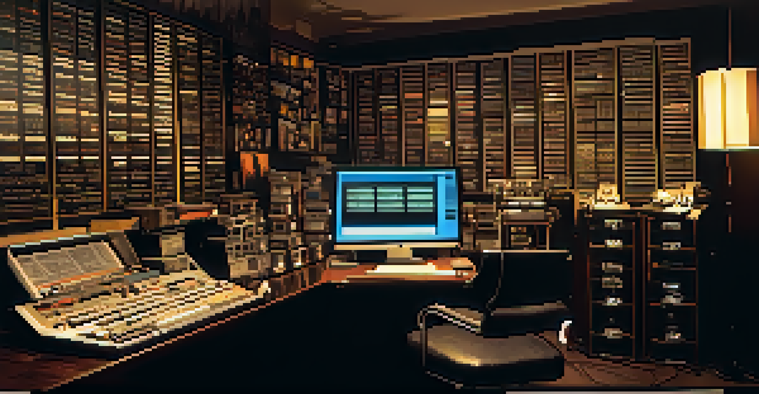 A film editing room showcasing vintage reels and a computer screen with a montage sequence.