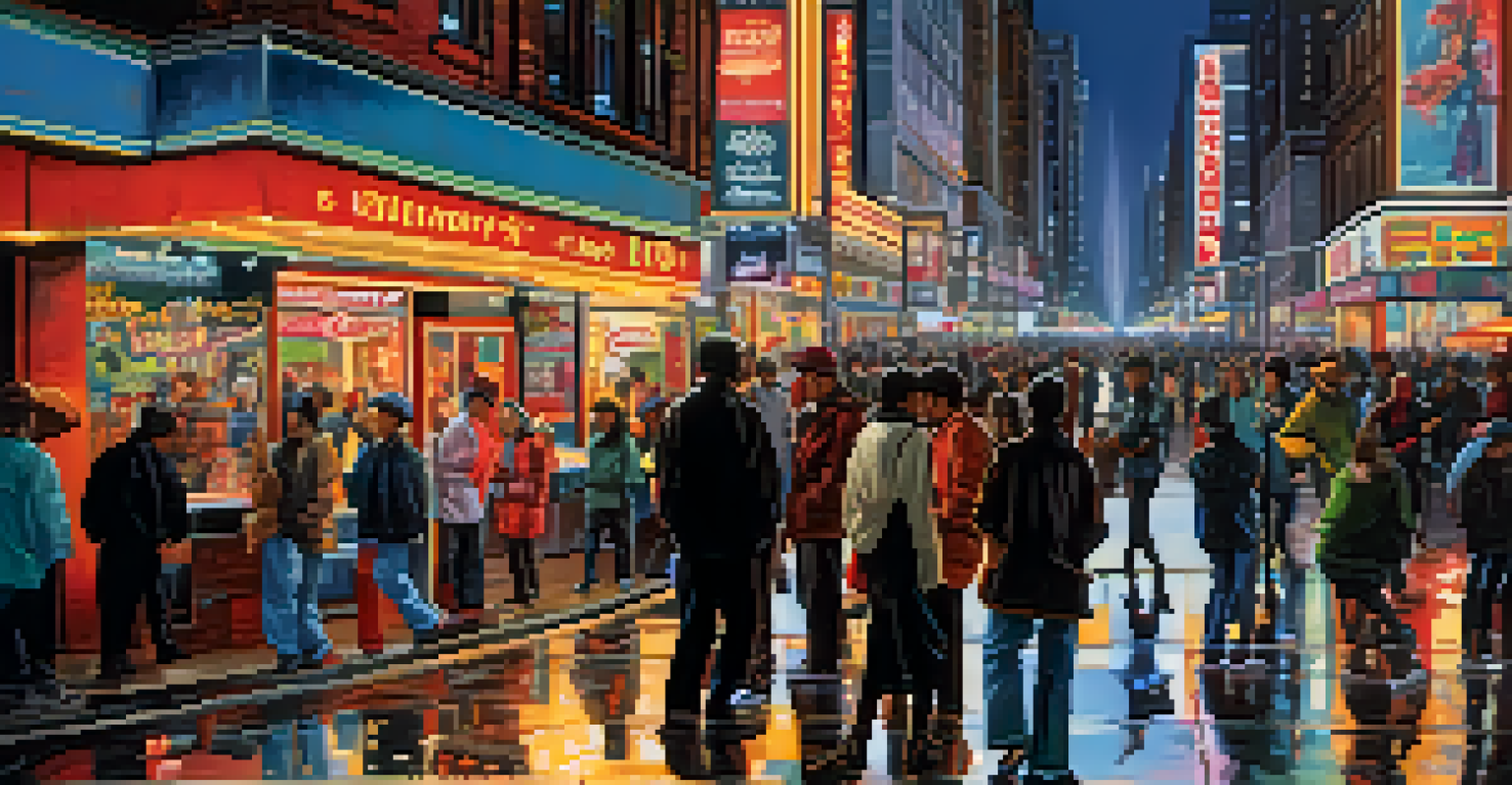 A busy city street at night filled with neon lights, reflections on the pavement, and street musicians performing.