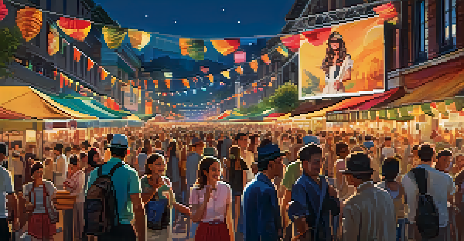 A lively street scene at a film festival with people in stylish clothes, colorful banners, and a large screen showing movie quotes.